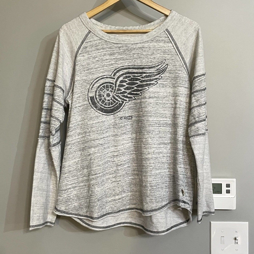 CCM Detroit Red Wings LS Raglan Distressed Grey Soft French Terry Fabric Logo XL